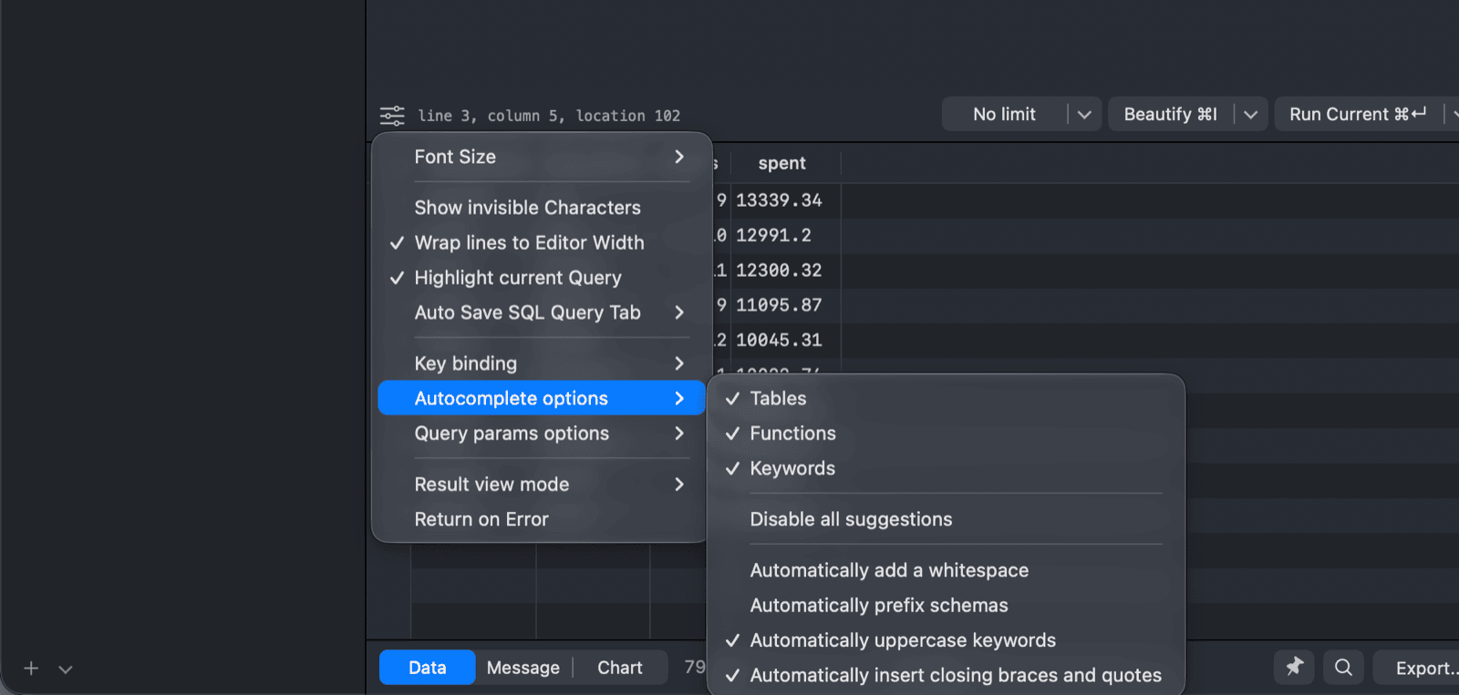 The Autocomplete options submenu