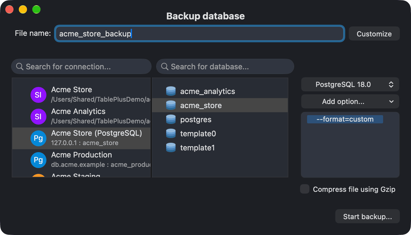 The Backup Database window for a PostgreSQL connection