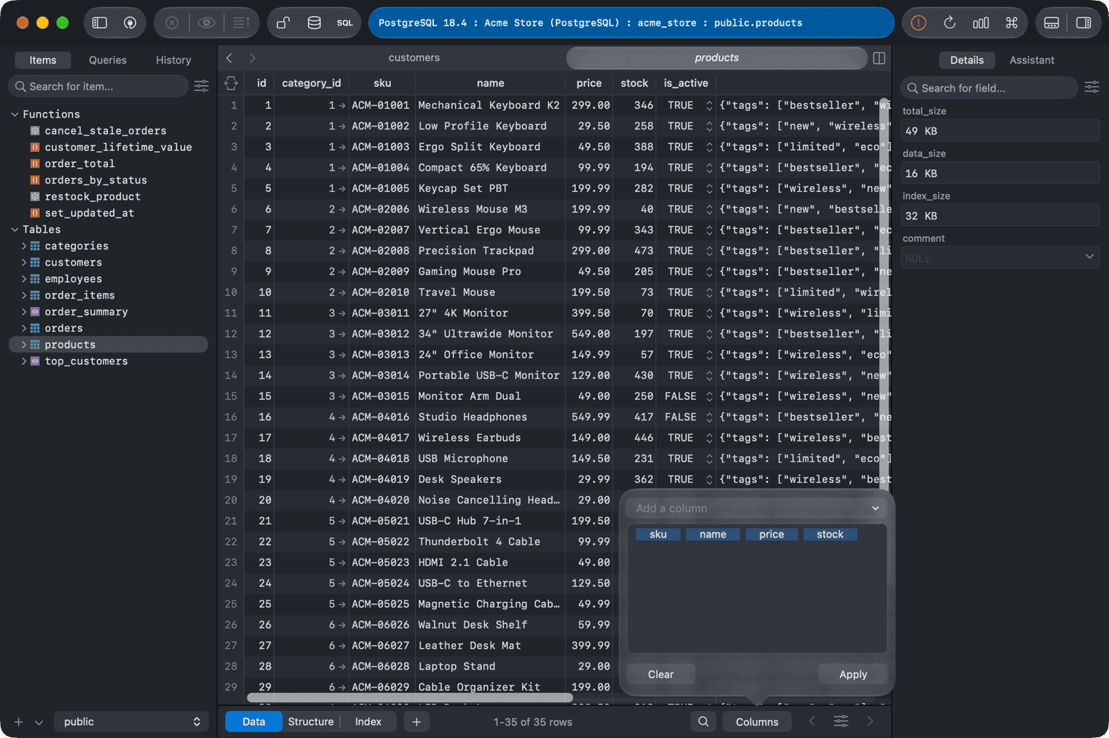 Show selected columns