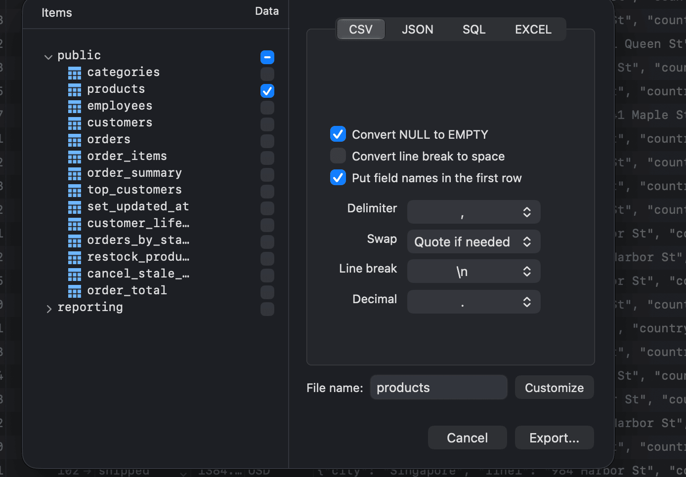 Export data