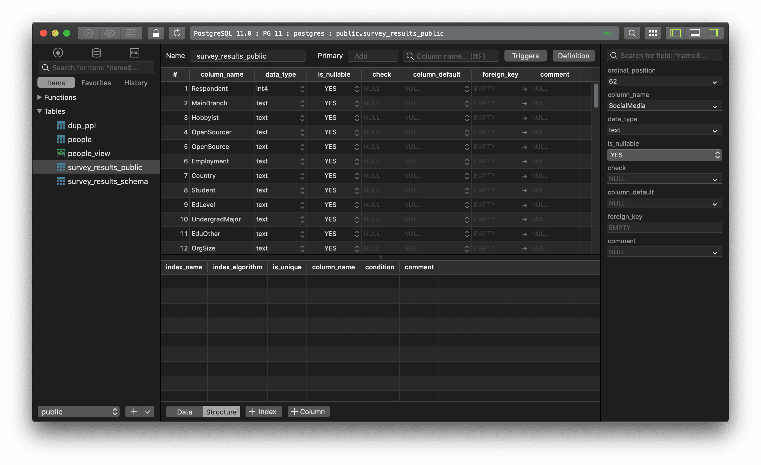 Show columns name from database structure