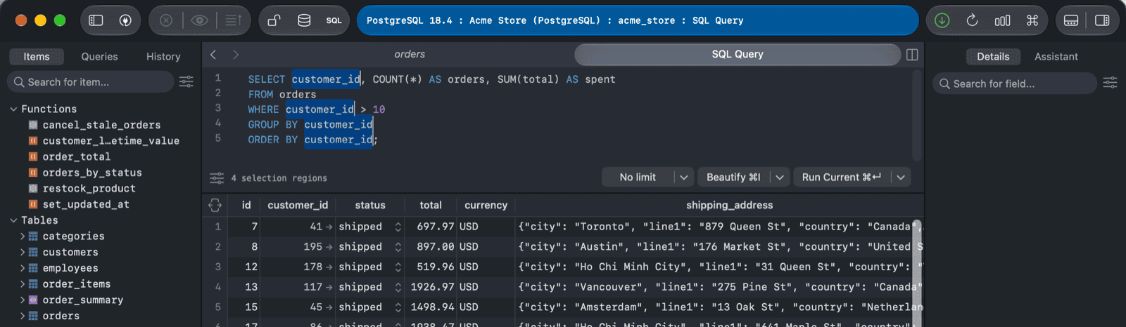 Multiple cursors in TablePlus
