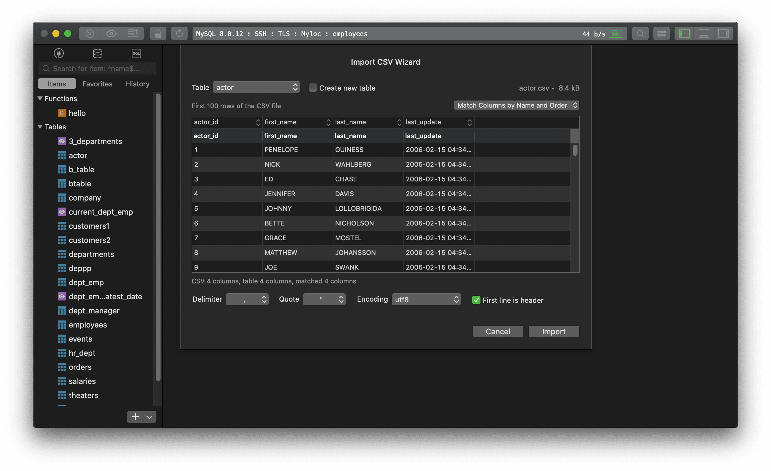 Import CSV file in TablePlus GUI Tool MySQL