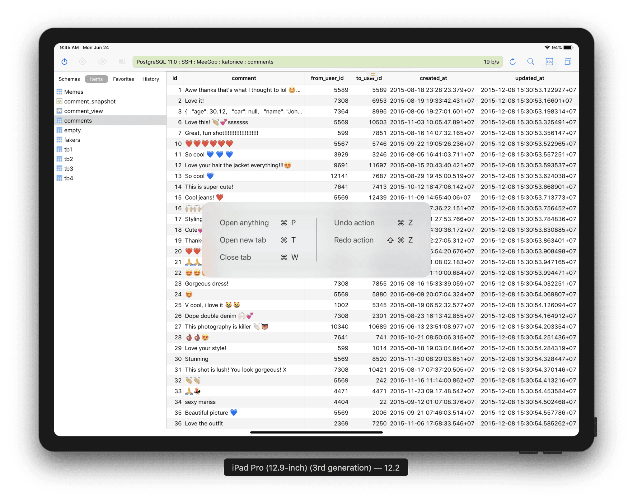 TablePlus iOS Workspace with shortcuts