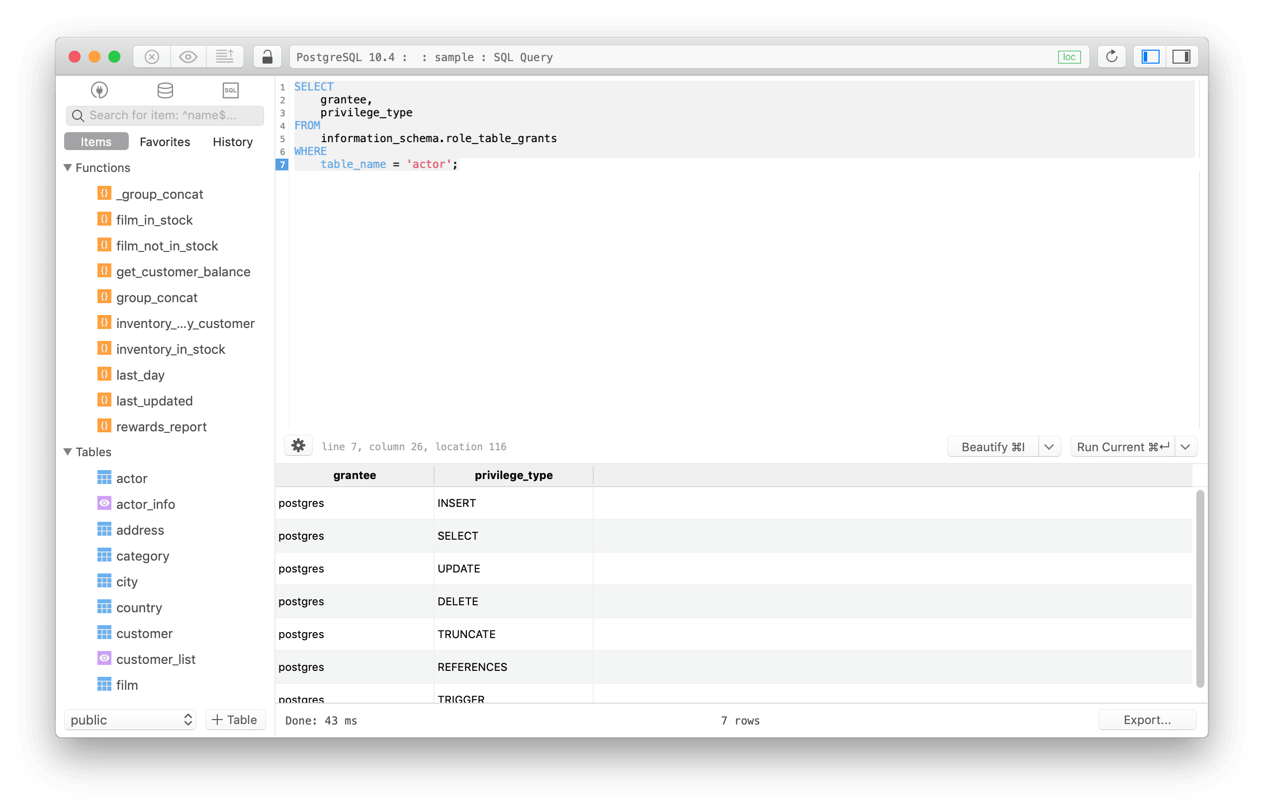 Show Privileges in TablePlus