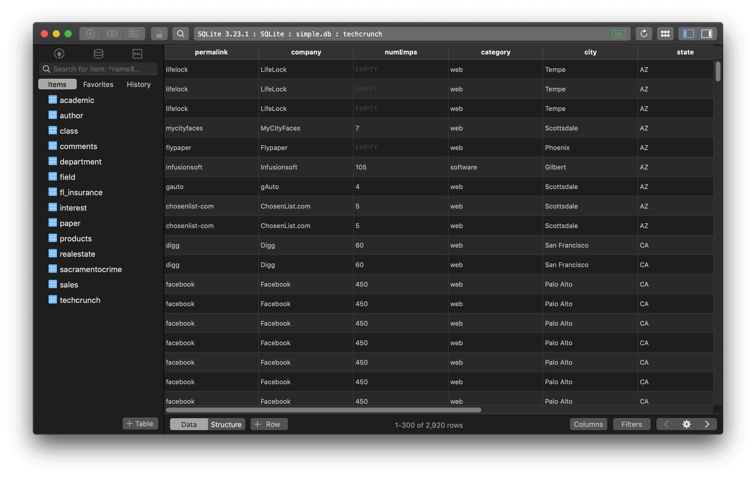 TablePlus GUI Tool SQLite in dark mode