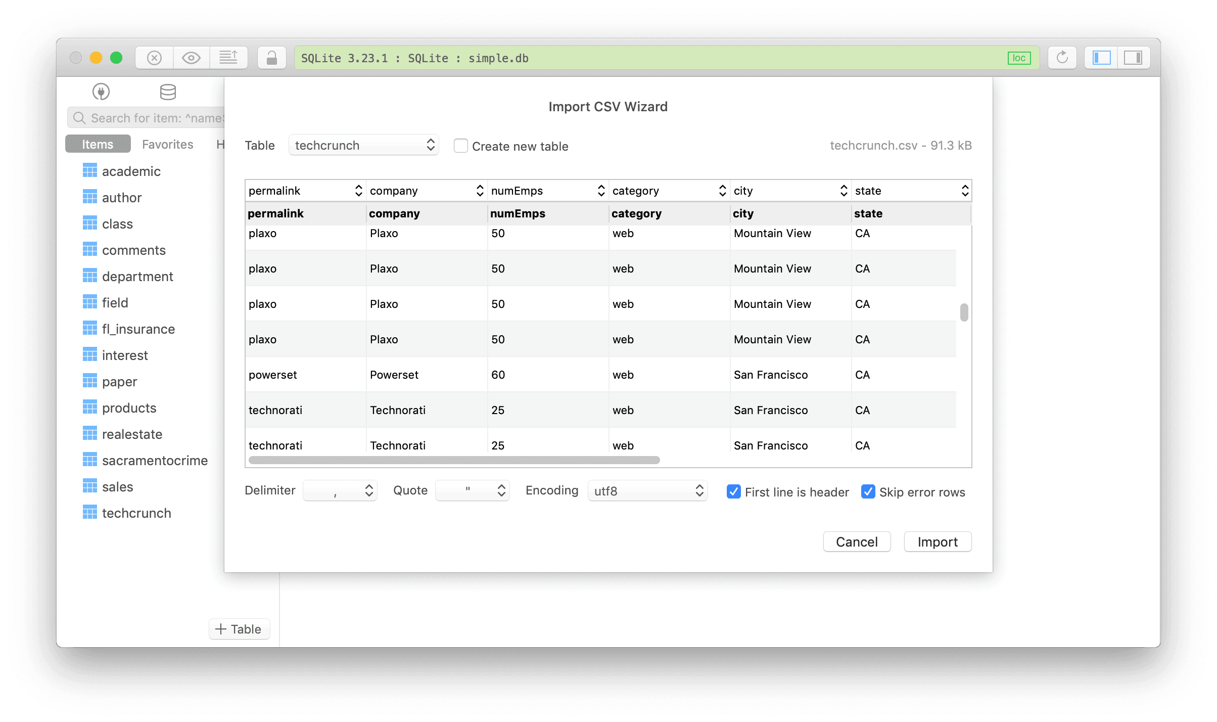 Import CSV to table