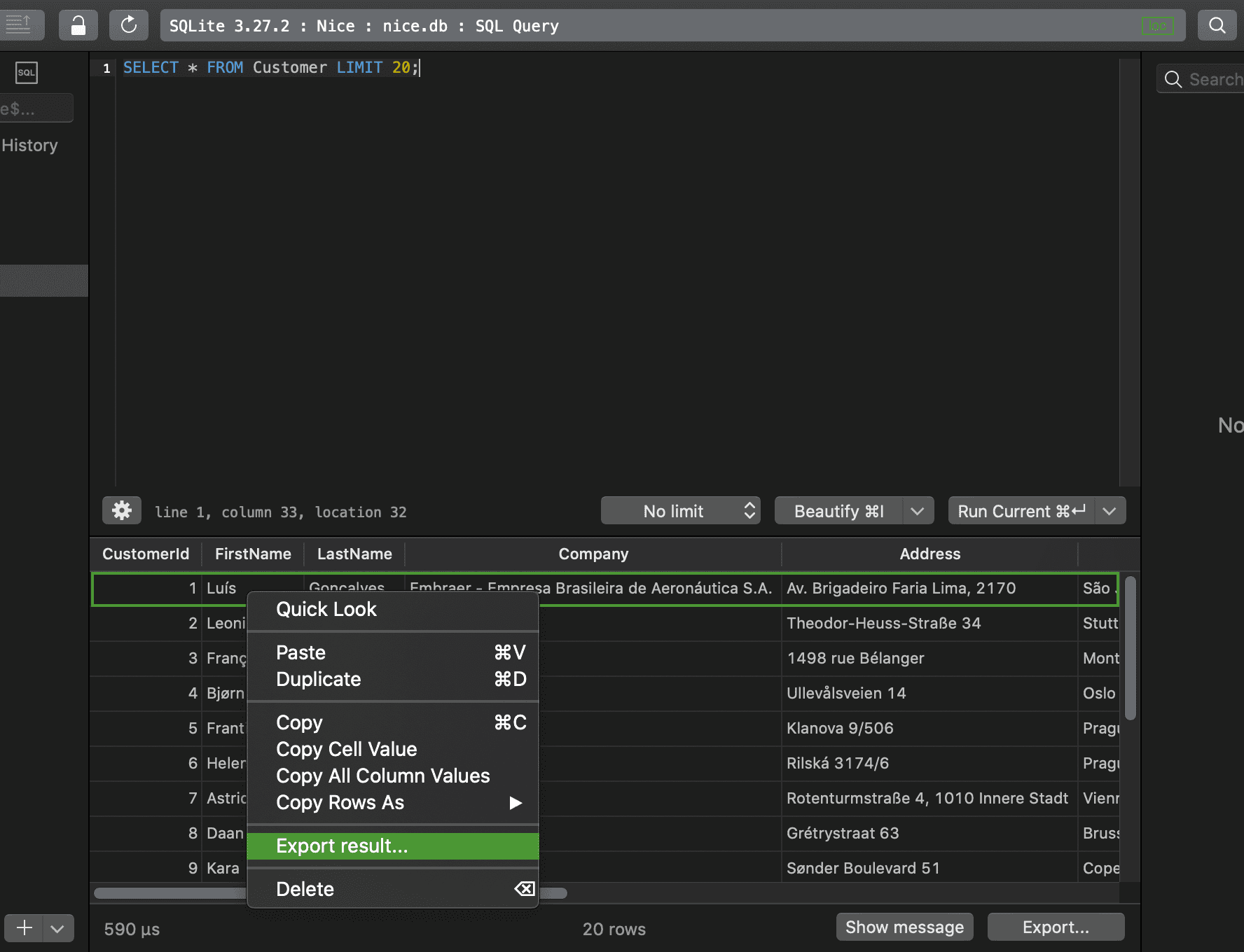 Export a set of results