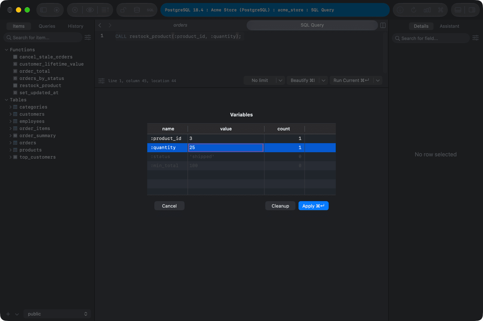 Call functions or procedures using in TablePlus