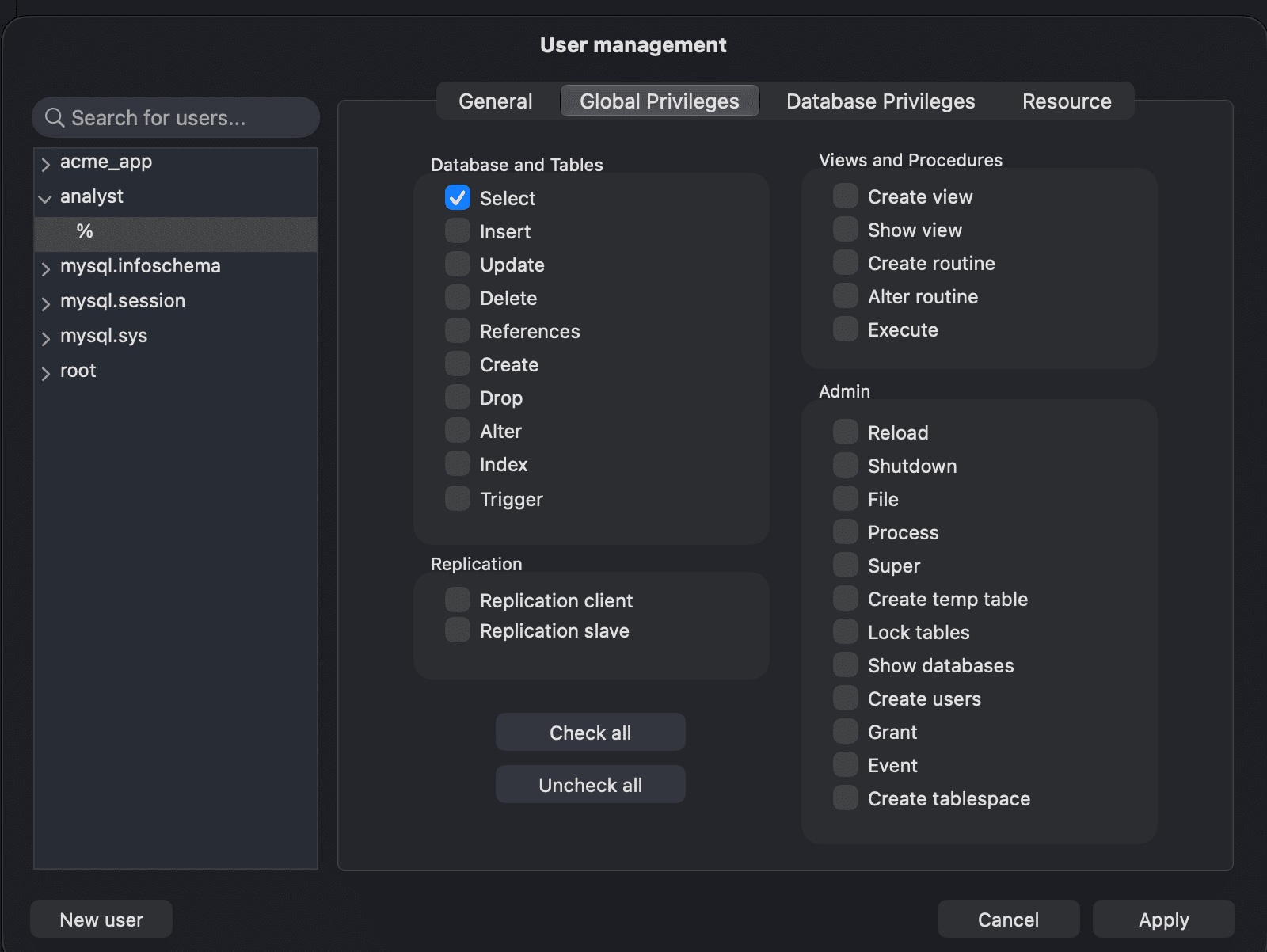 How to manage users in MySQL via TablePlus GUI?