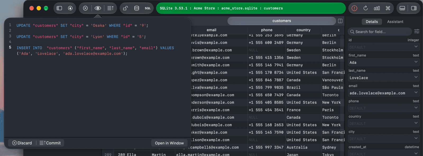 The preview popover listing the UPDATE and INSERT statements for pending changes to the customers table
