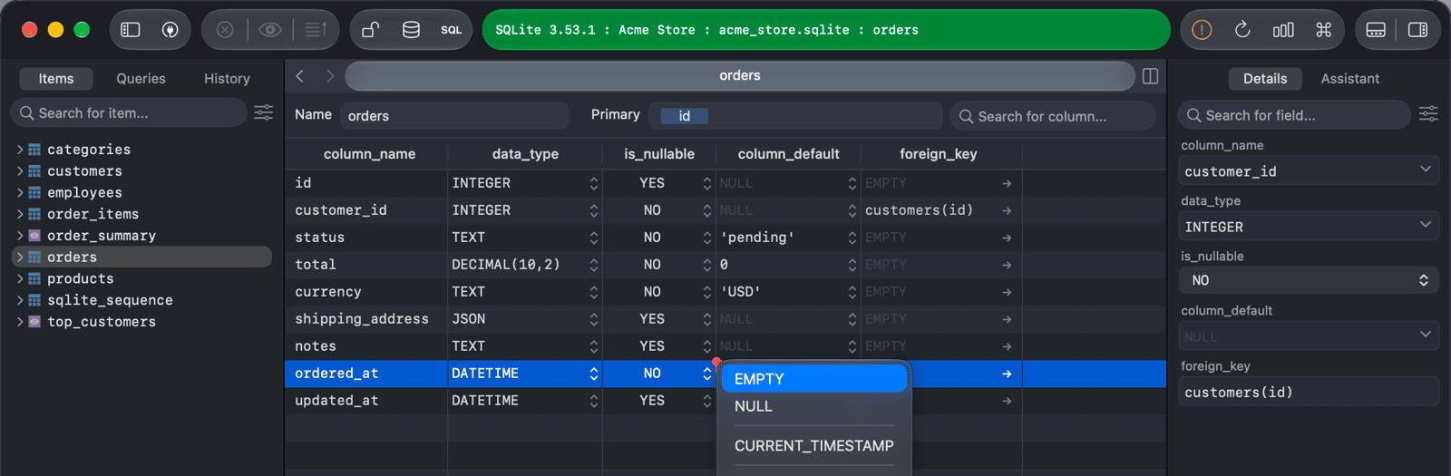 column_default menu in the Structure tab