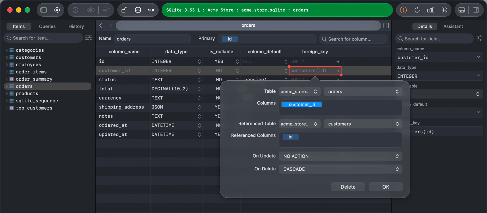Foreign key popover for orders.customer_id referencing customers.id