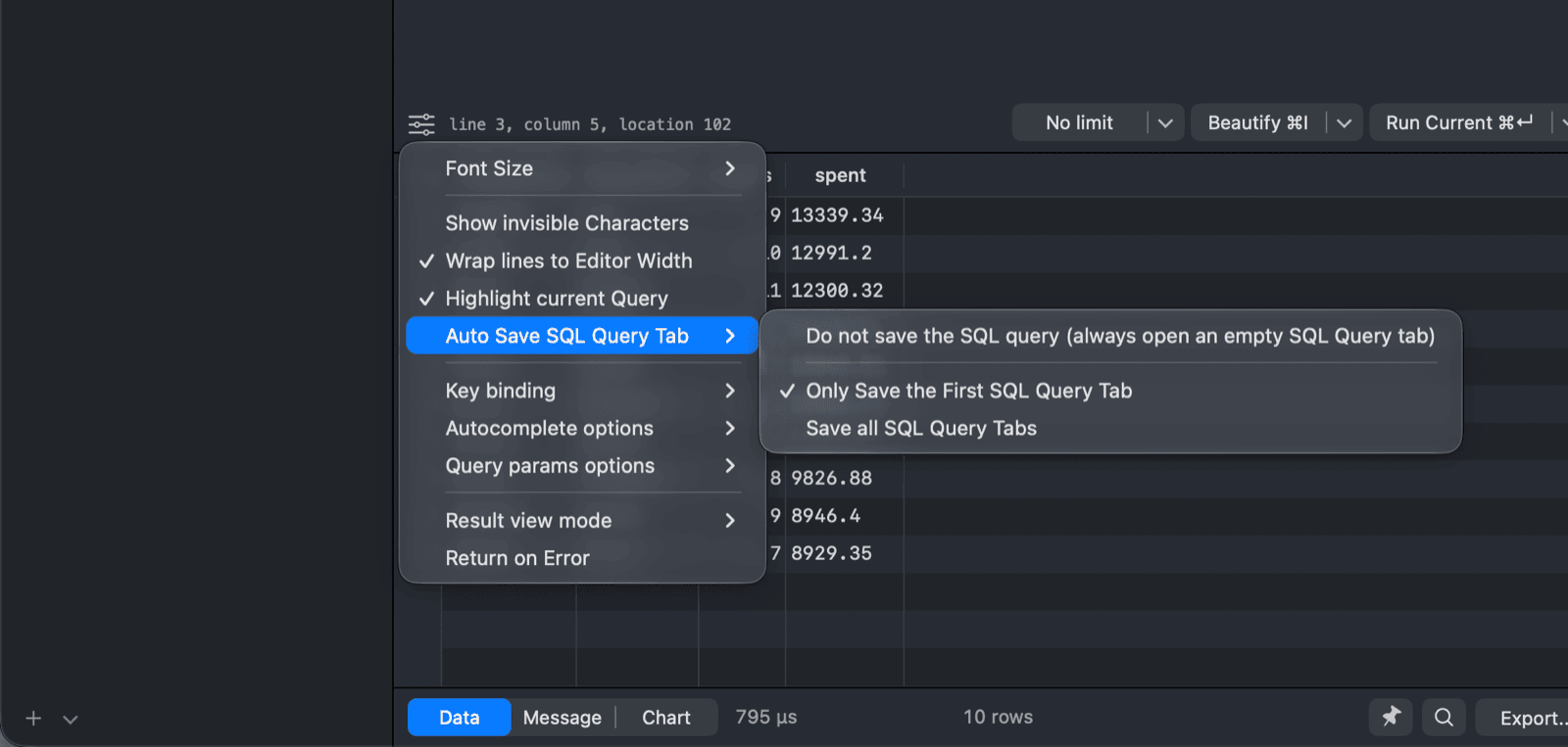 The SQL Editor settings menu