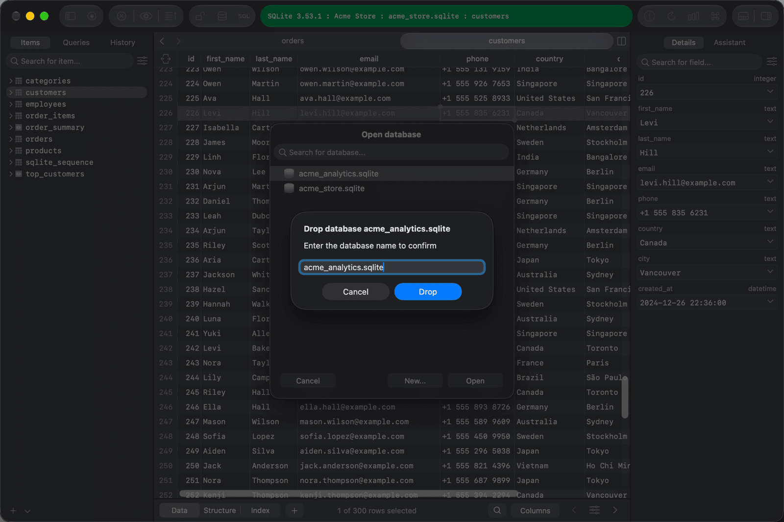 Drop database confirmation asking for the database name