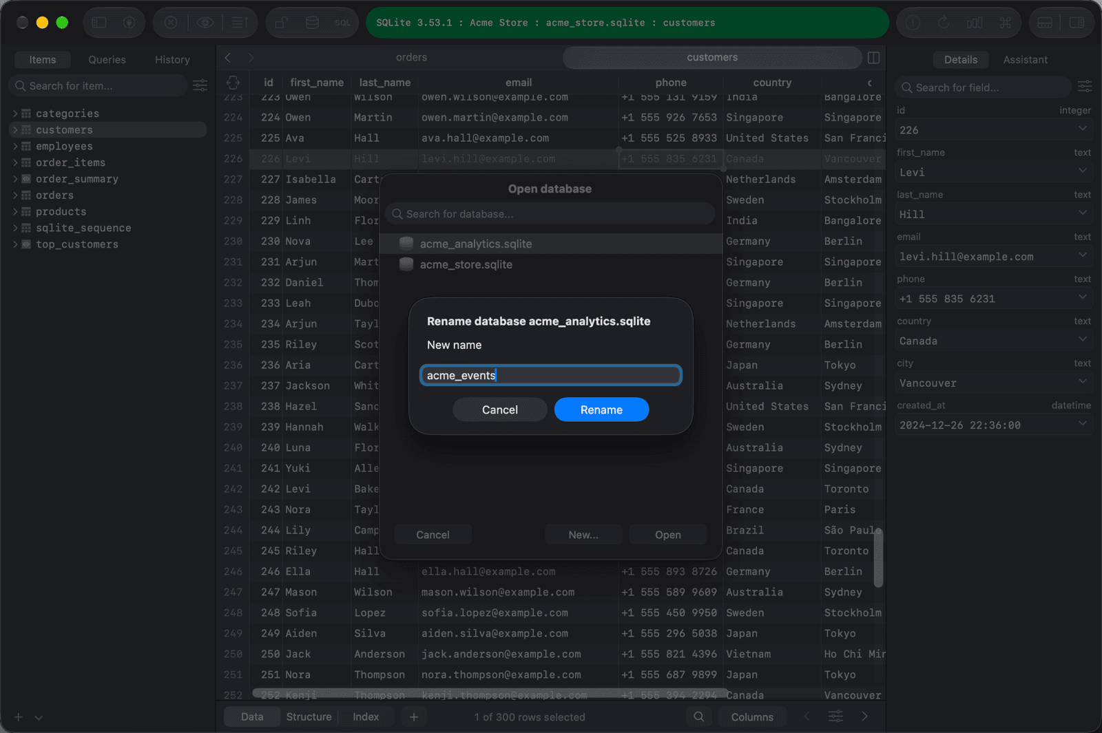 Rename database dialog