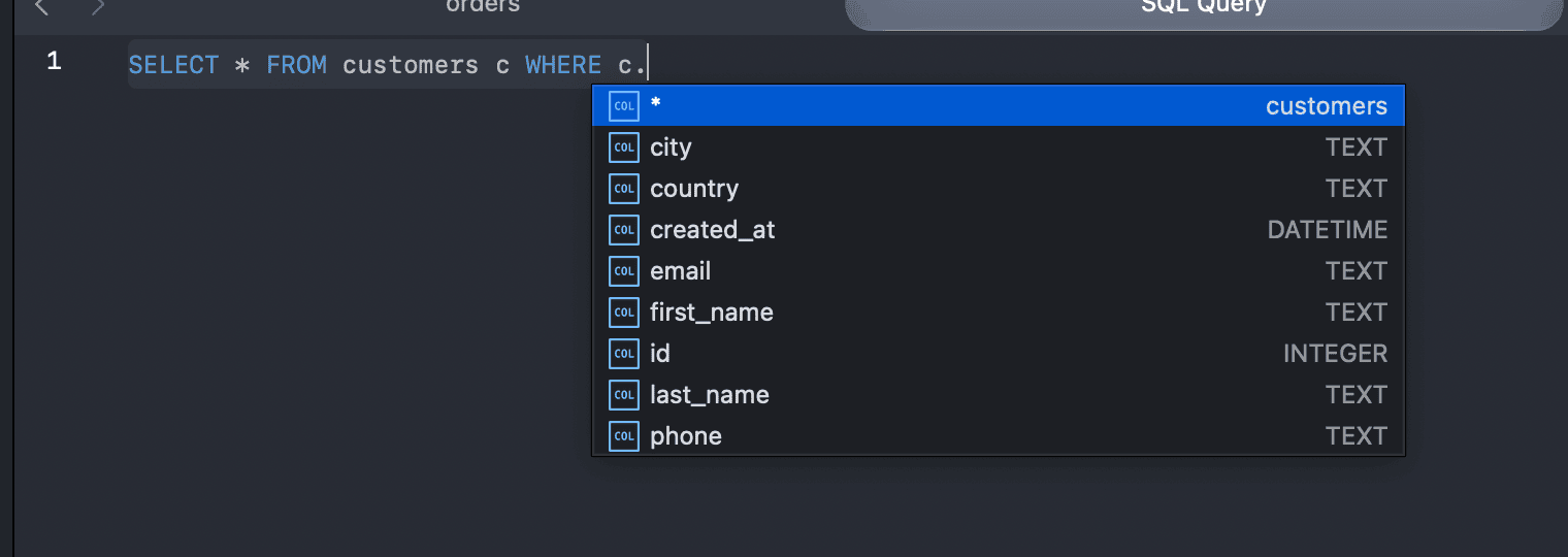 Autocomplete suggesting columns of the customers table after typing the alias c. in SELECT * FROM customers c WHERE c.