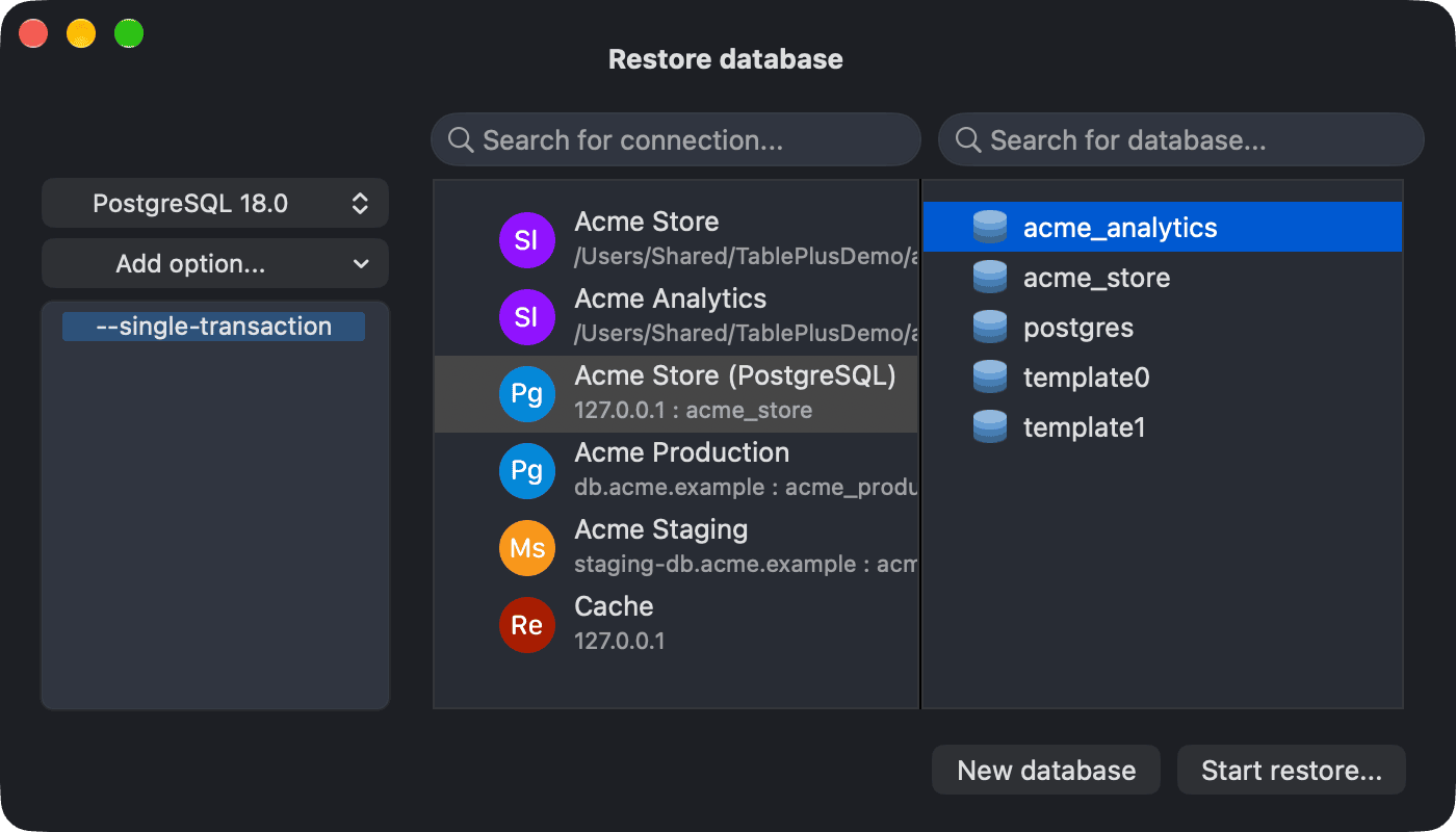 The Restore Database window for a PostgreSQL connection