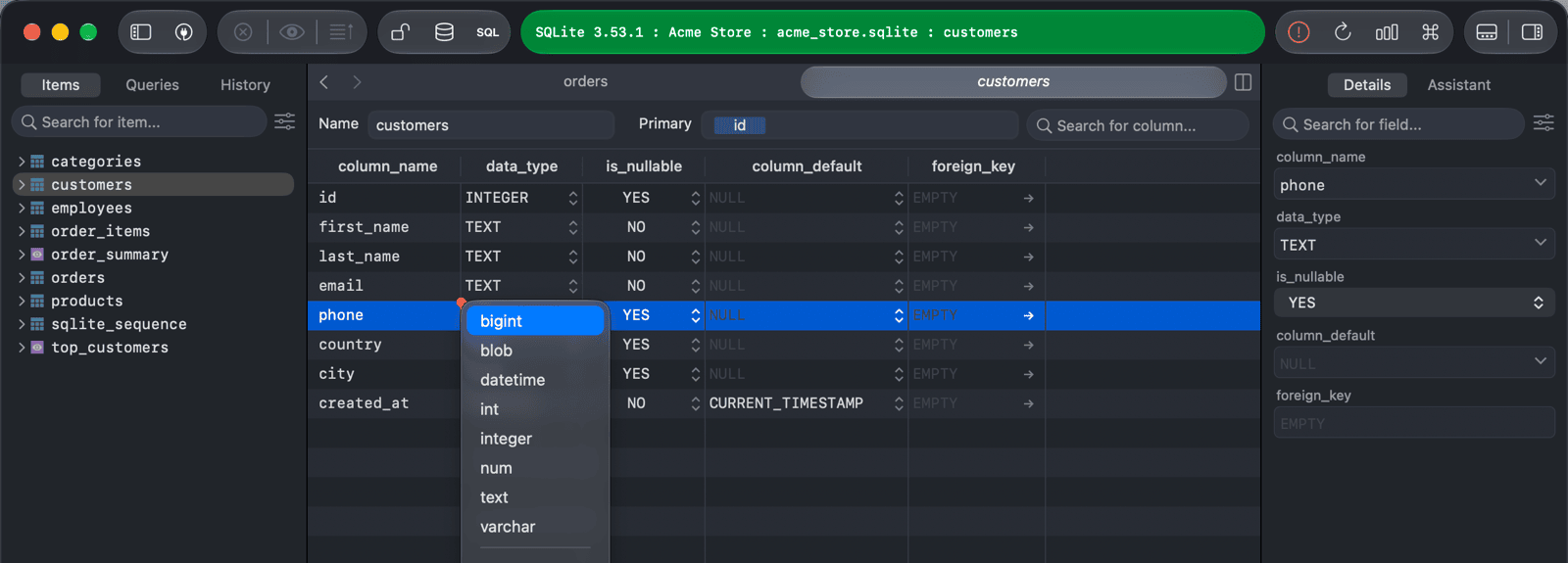 Data type menu of a column in the Structure tab