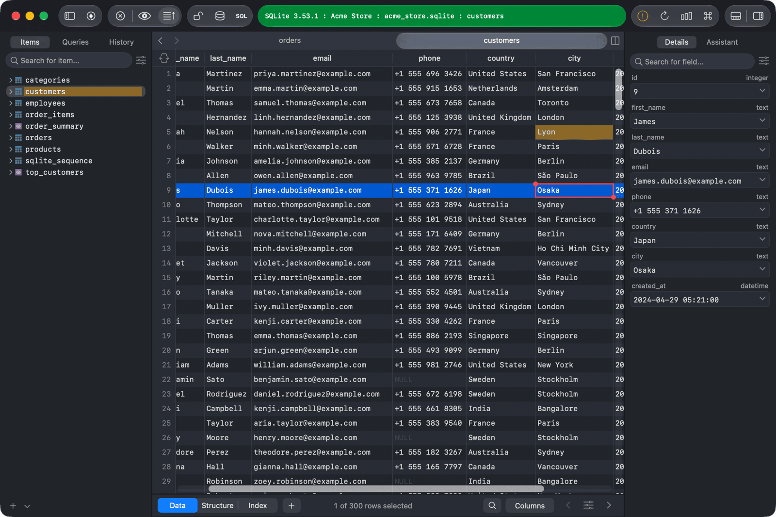 Pending edits in the customers table, highlighted, with the Commit button in the toolbar