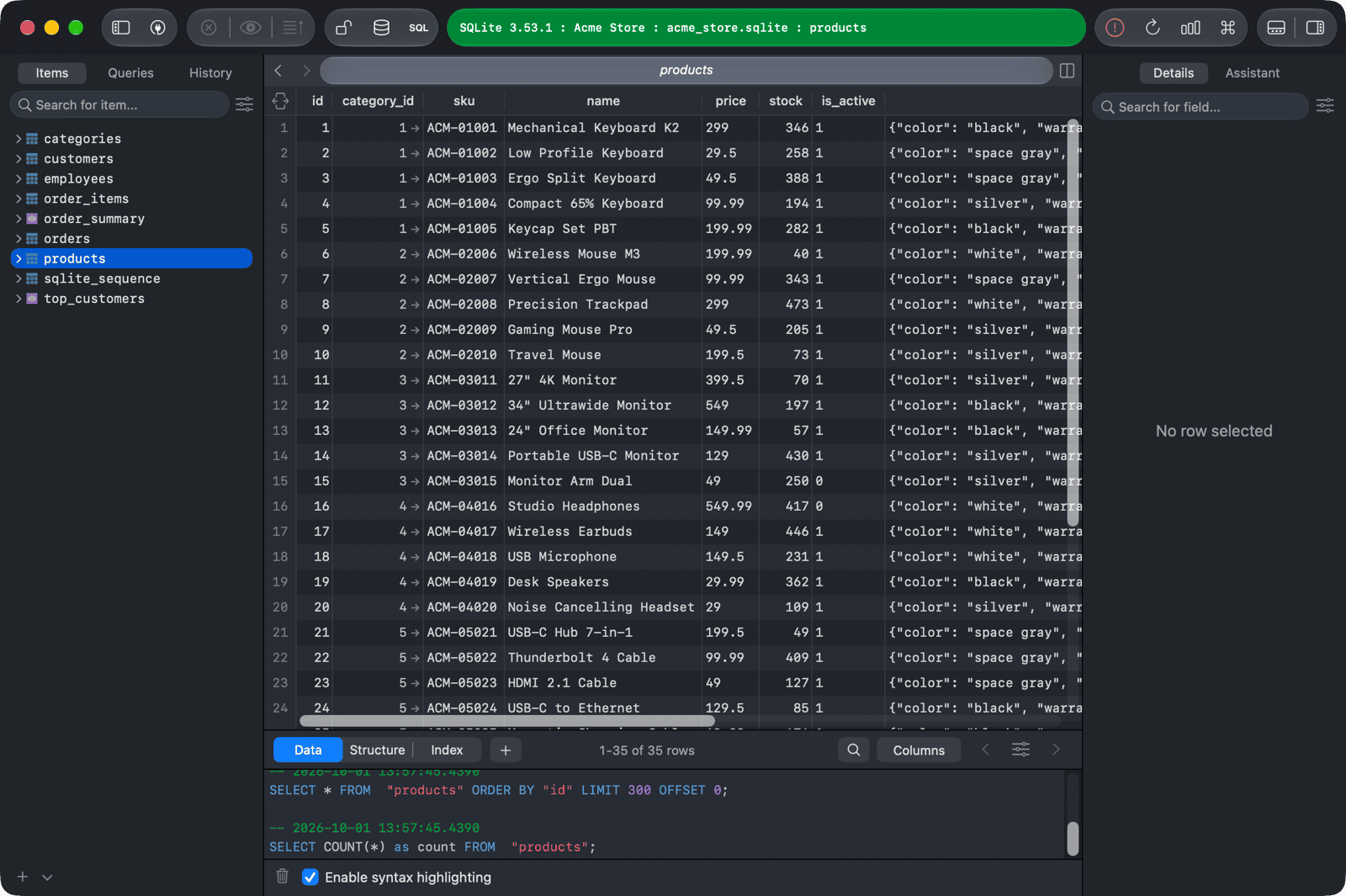The console log below the customers table, showing timestamped queries with syntax highlighting