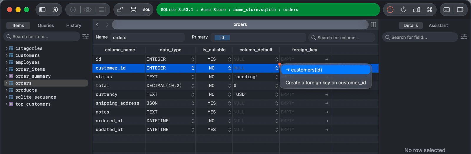 Foreign key menu on the customer_id column of the orders table