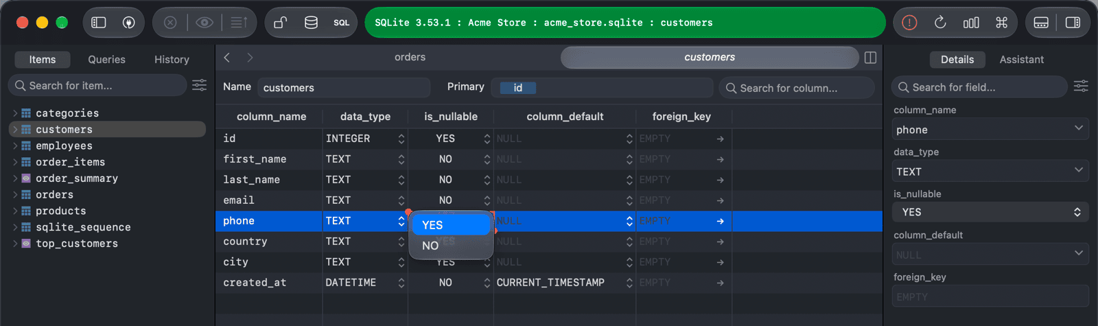 is_nullable menu with YES and NO in the Structure tab