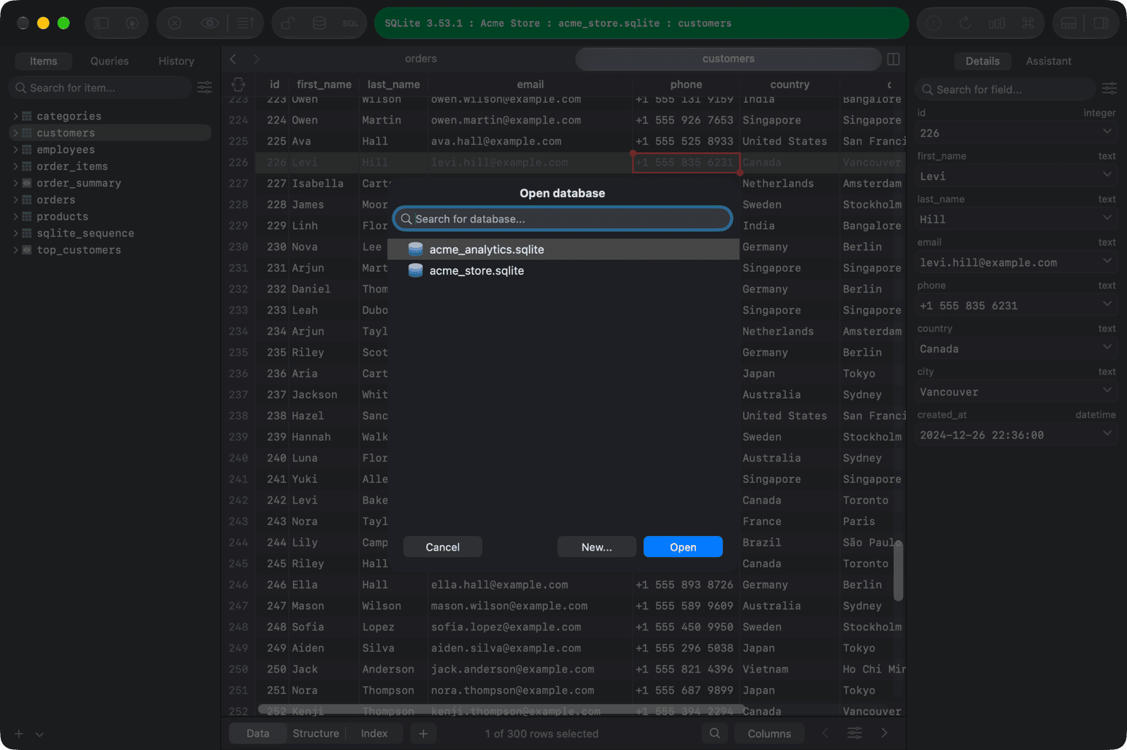 Database list for the current connection