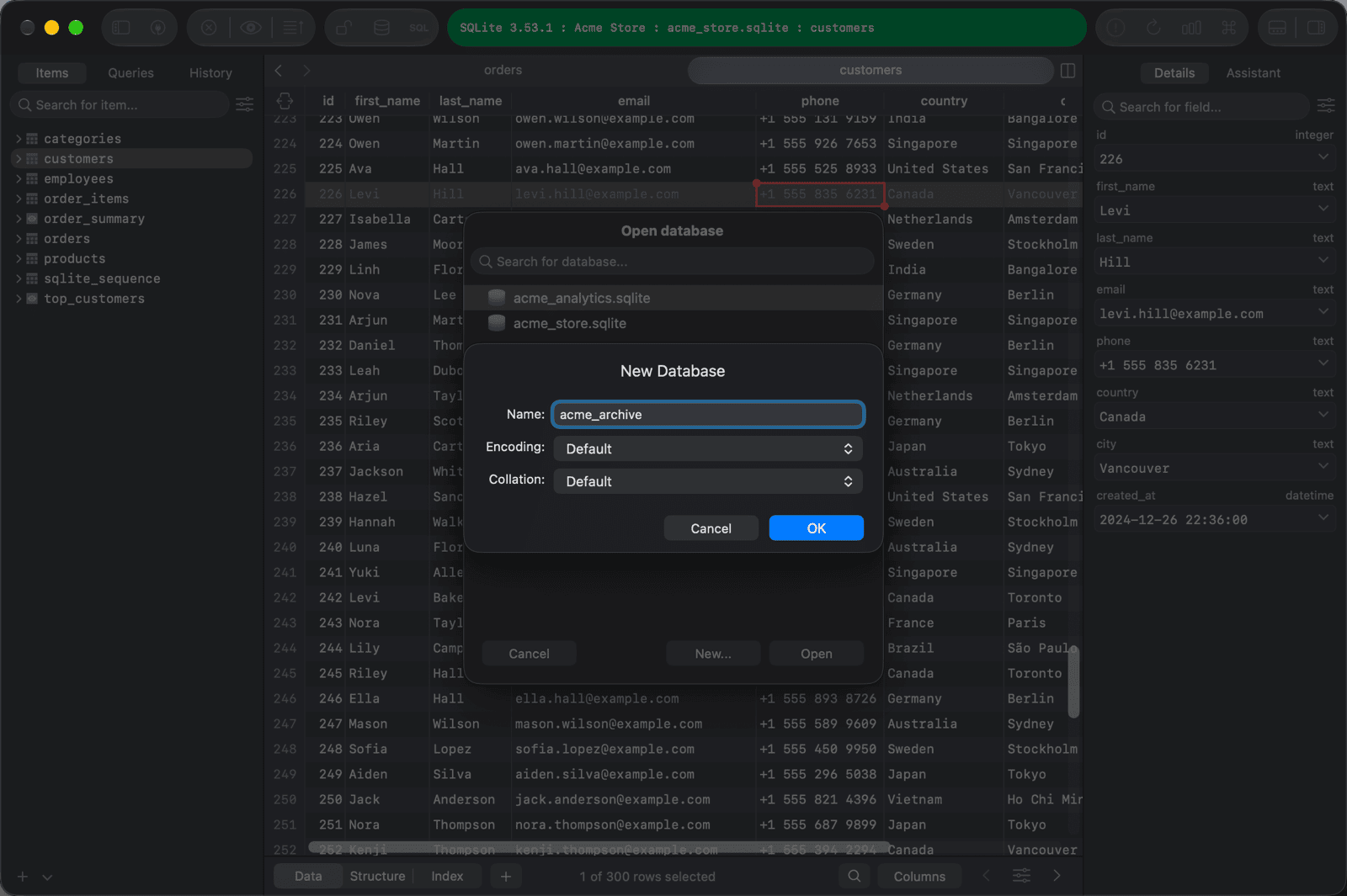 New database dialog with name, encoding and collation