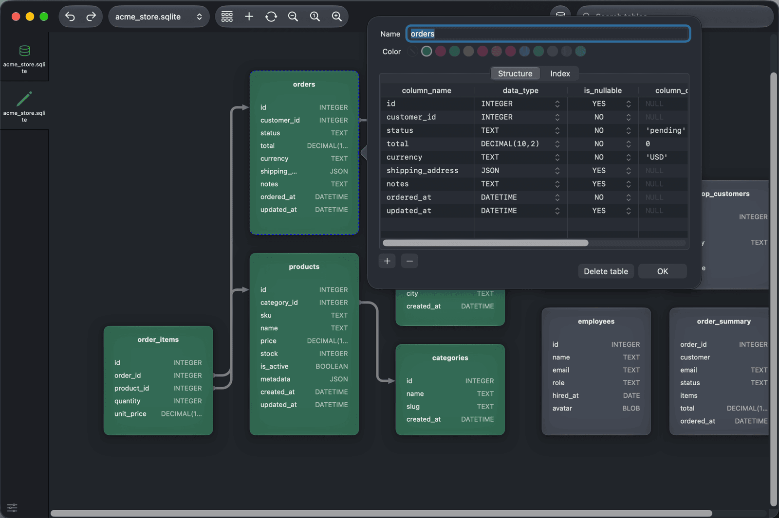 The settings popover of the orders table with its name, color and structure
