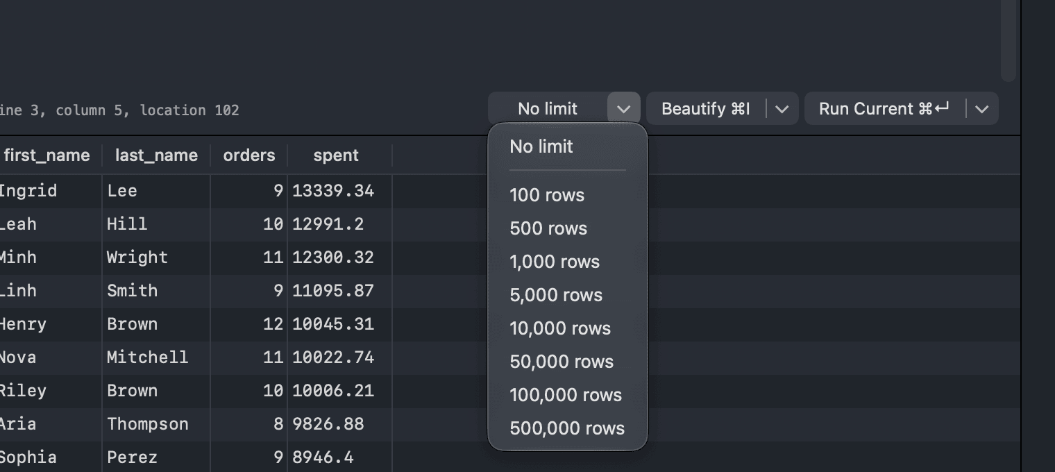 The row limit menu next to the Beautify and Run buttons with No limit checked