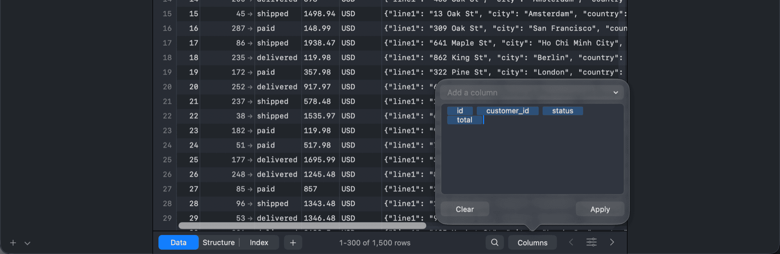 Column filter popover of the orders table with id, customer_id, status and total in the token field
