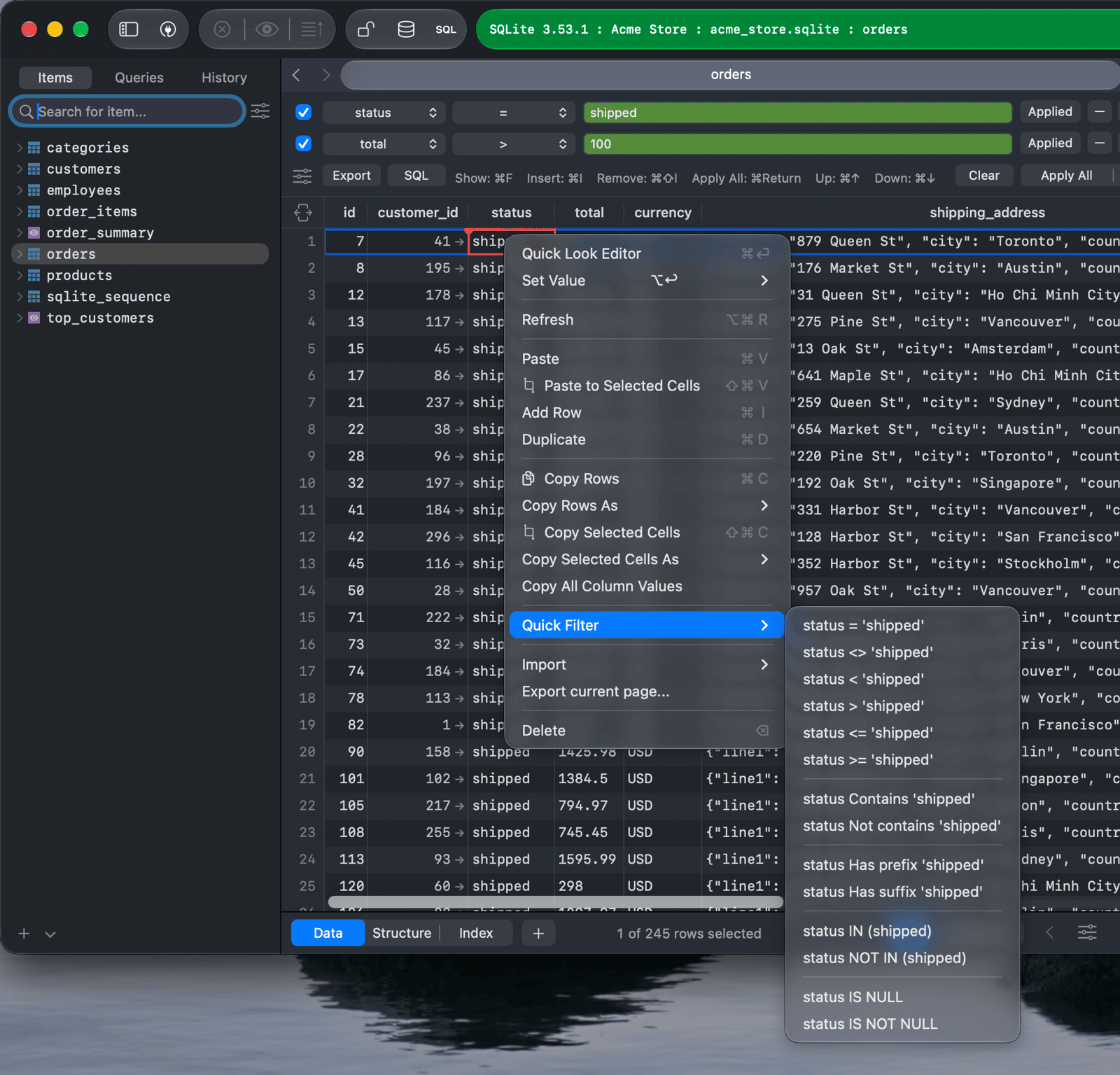 Quick Filter menu on a cell of the orders table