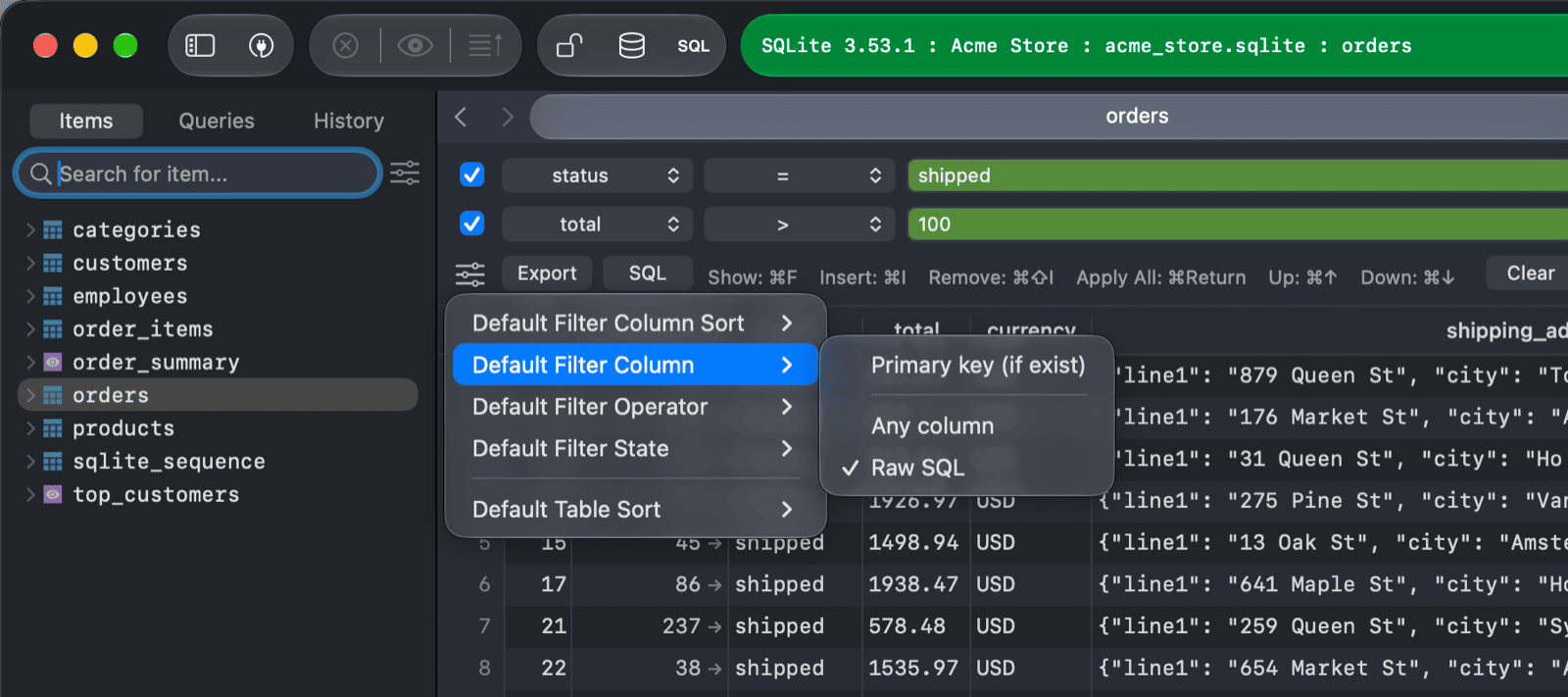 Filter settings menu