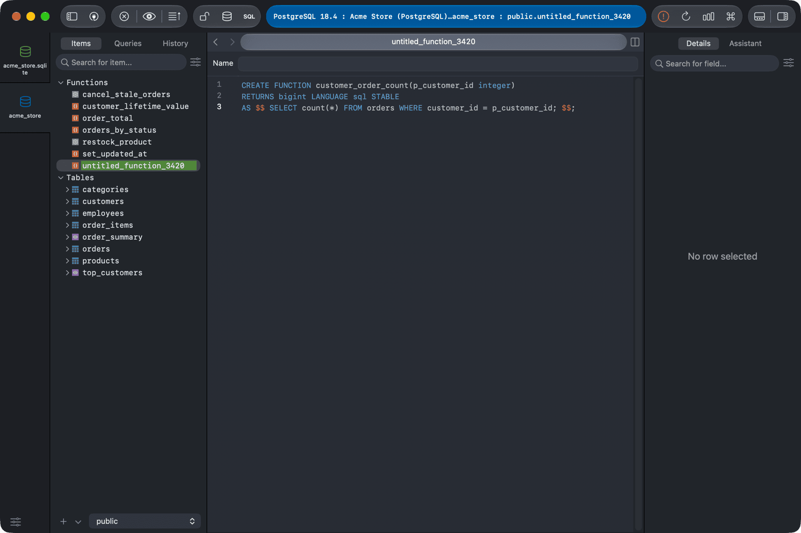 New function editor in a PostgreSQL database with a CREATE FUNCTION statement for customer_order_count(p_customer_id)