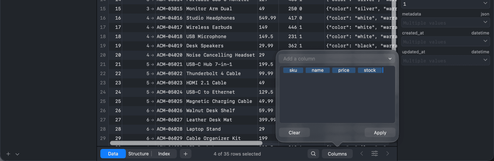 The Columns popover of the products table with sku, name, price and stock entered in the token field