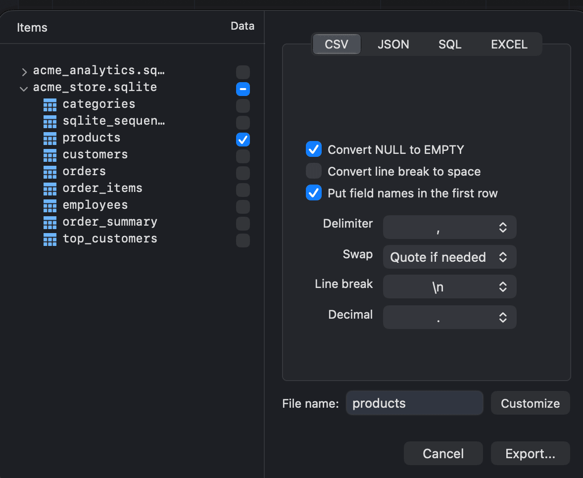 The export window with the CSV format selected and options for the products table