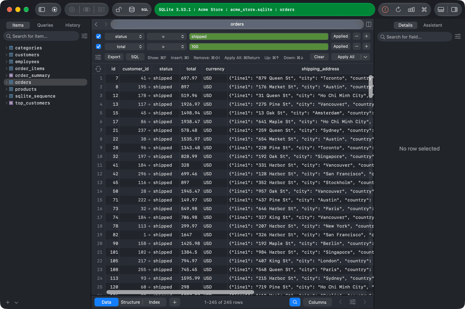 The orders table with two filter rows applied