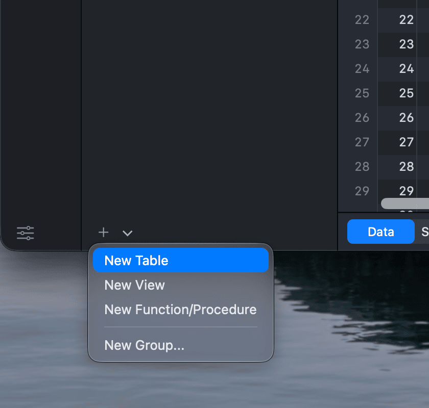 The menu of the + button at the bottom of the left sidebar with New Table highlighted