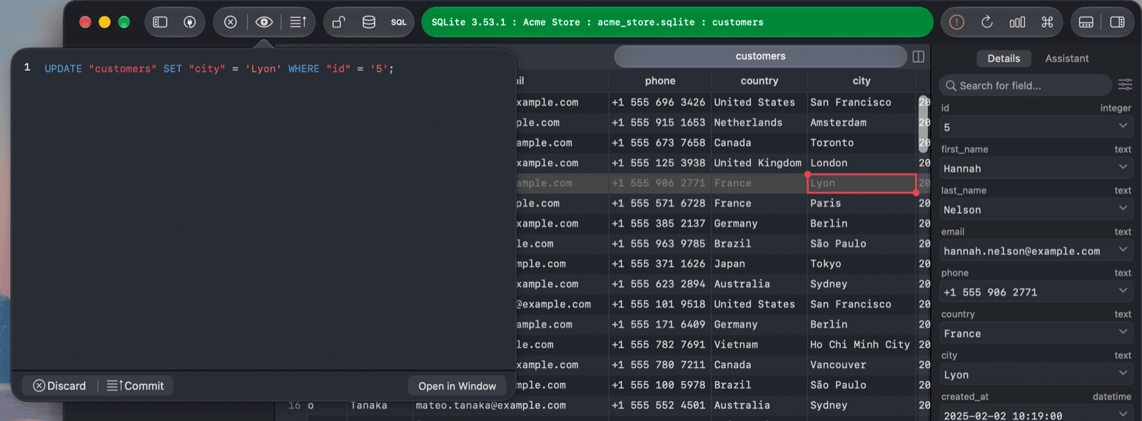 The preview window showing the UPDATE statement generated from an edited cell