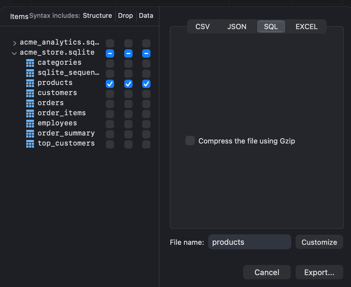 The SQL tab of the export window with the Structure, Drop and Data columns