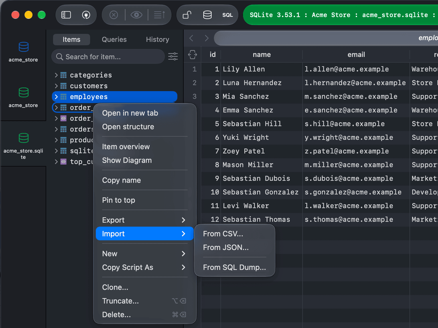The Import submenu in the left sidebar context menu