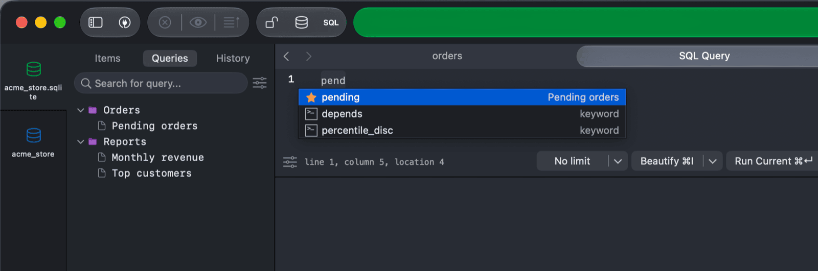 The autocomplete suggestion for a keyword bound to a saved query