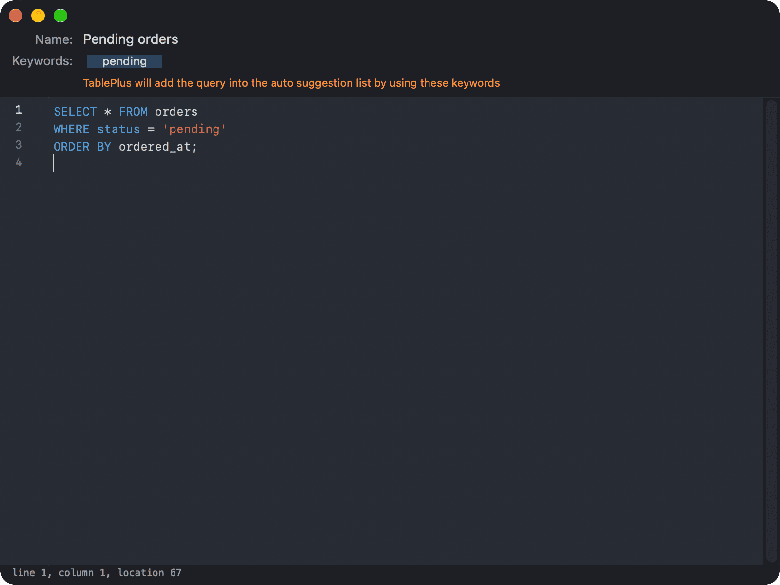 The editor window of a saved query with its name and keywords