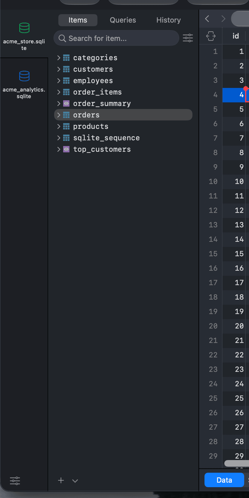 The left sidebar of Acme Store showing tables, views, and the schema selector