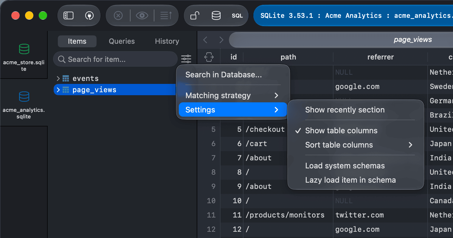 The left sidebar settings menu with the Settings submenu open