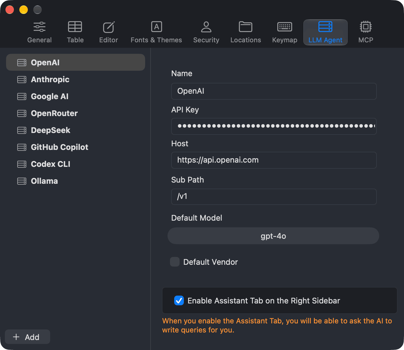 The LLM Agent preferences with the list of providers and the OpenAI settings