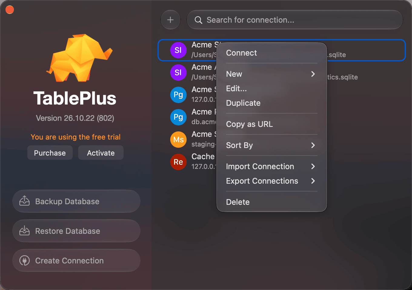 Context menu of a saved connection on the welcome window