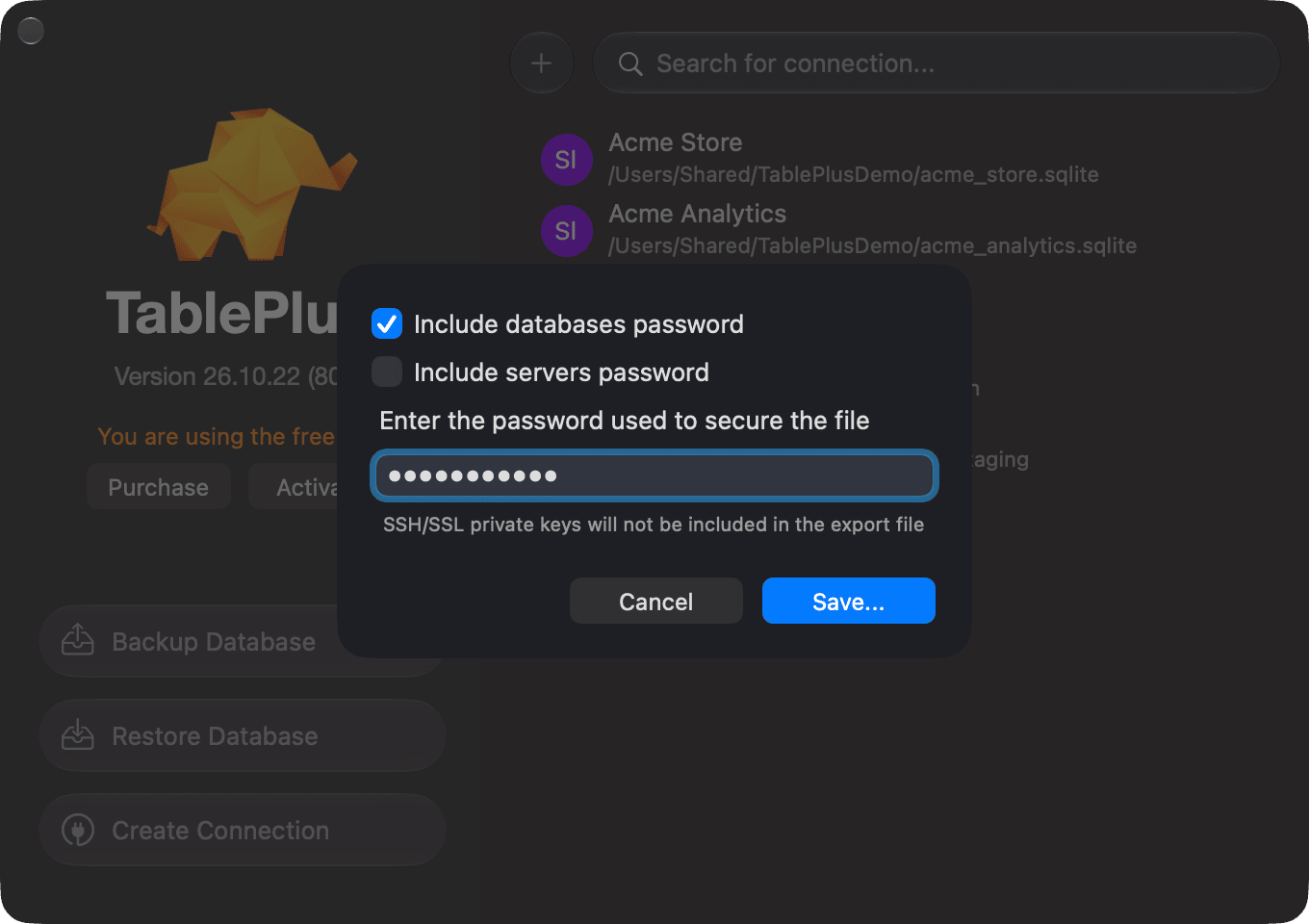 Export connections dialog