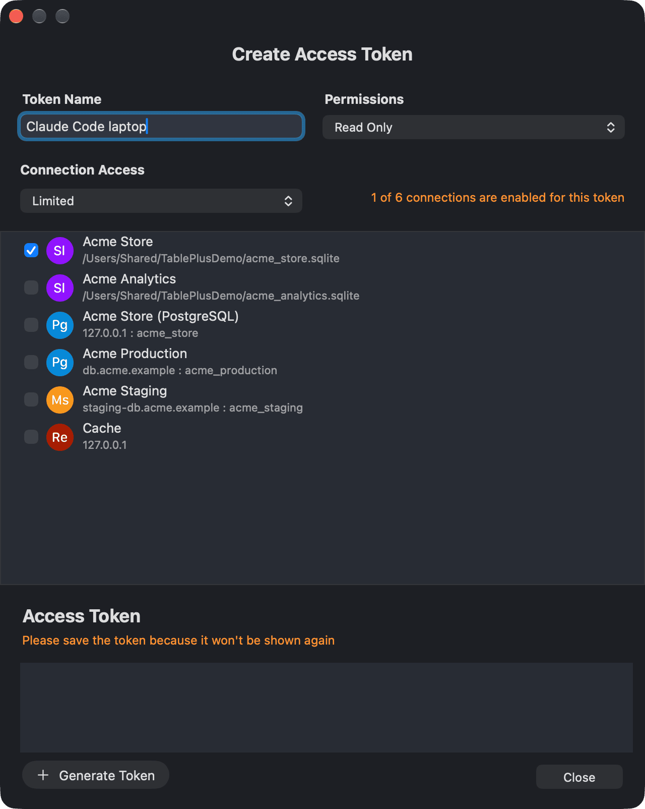 The Create MCP Token window with Read Only permission and limited access to Acme Store